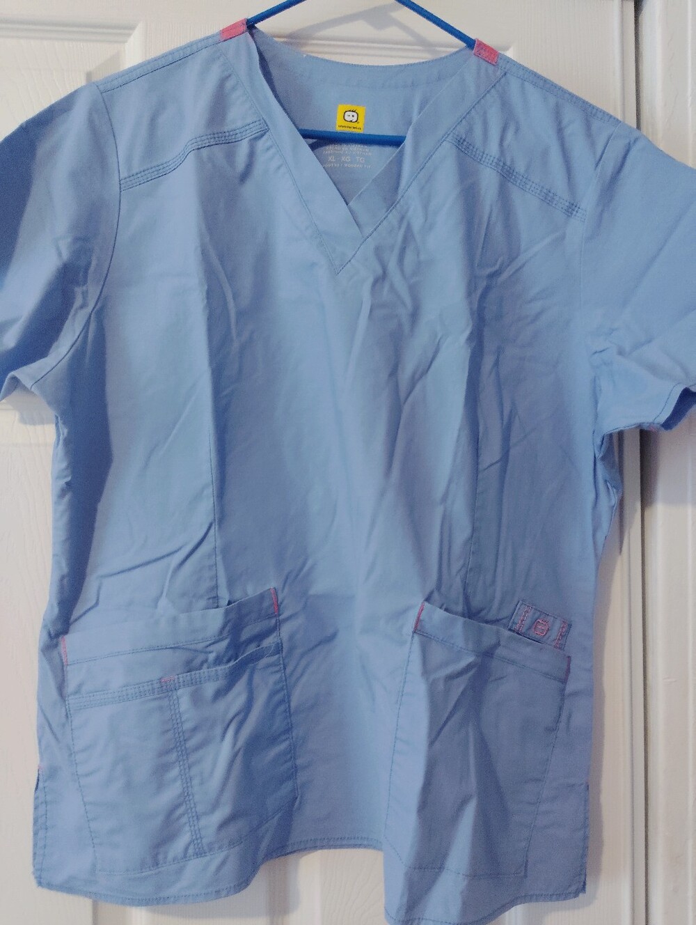WonderWink Light Blue V-Neck Scrub Top with Pink Trim